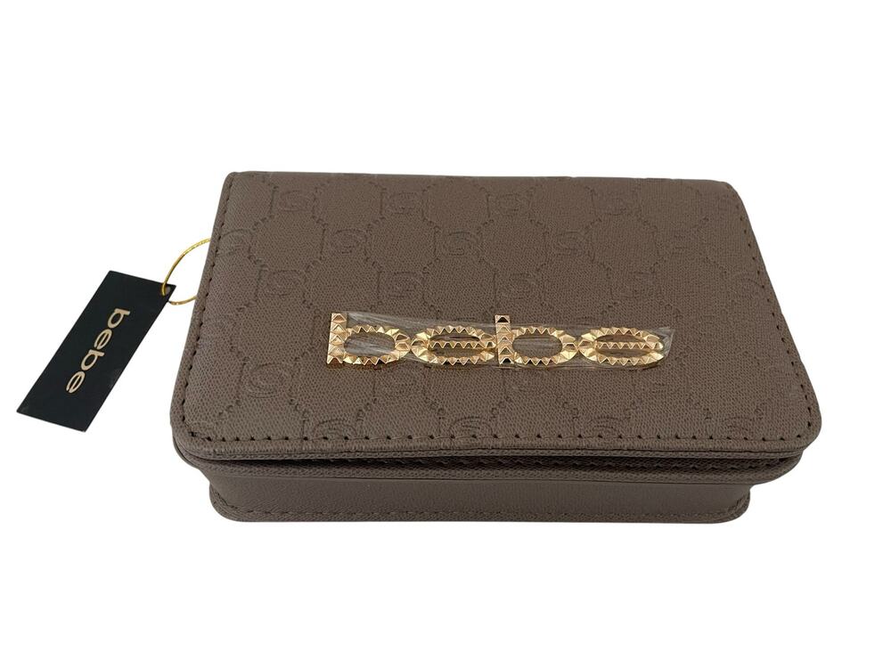 New Bebe Taupe Embossed Logo Crossbody Purse with Gold Chain